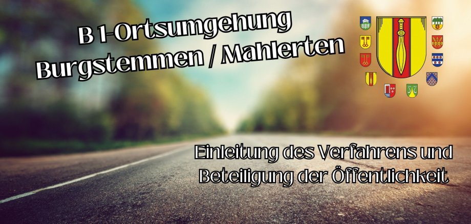 Straße mit Bäumen als Symbolbild. Wappen aus allen Orten der Gemeinde Nordstemmen, zusätzlich Text: B1-Ortsumgehung Burgstemmen / Mahlerten  - Einleitung des Verfahrens und Beteiligung der Öffentlichkeit